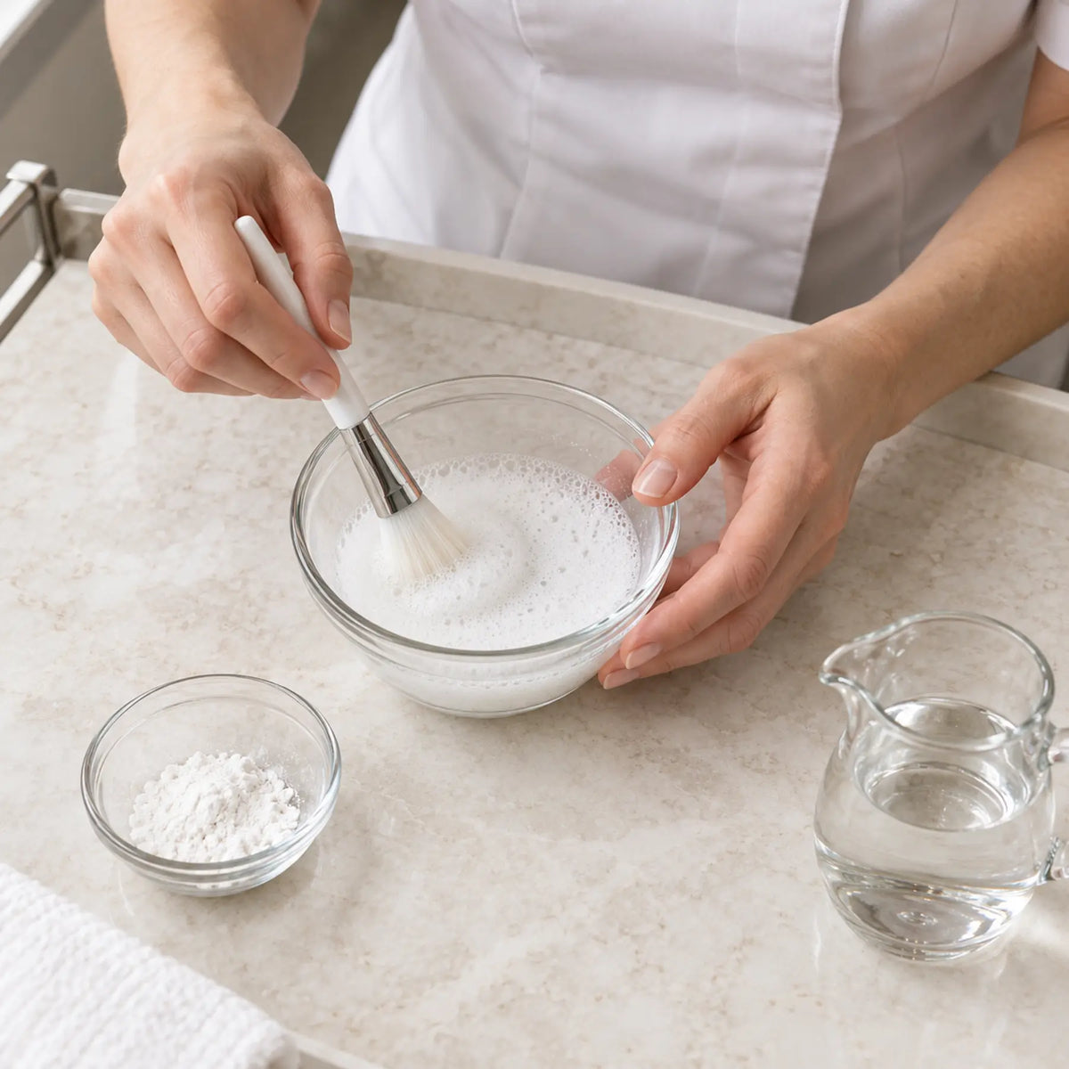 Therapist illustrating the preparation of enzyme cleansing foam in a glass bowl, with powder and water shown separately.