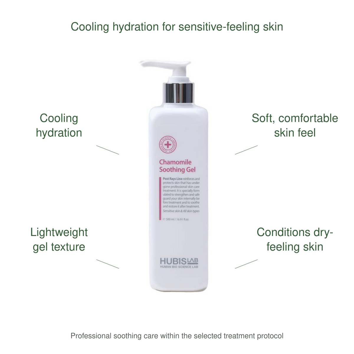 HUBISLAB post rays chamomile soothing gel 500ml benefits: Cooling hydration, Soft, comfortable skin feel, Lightweight gel texture, Conditions dry-feeling skin.
