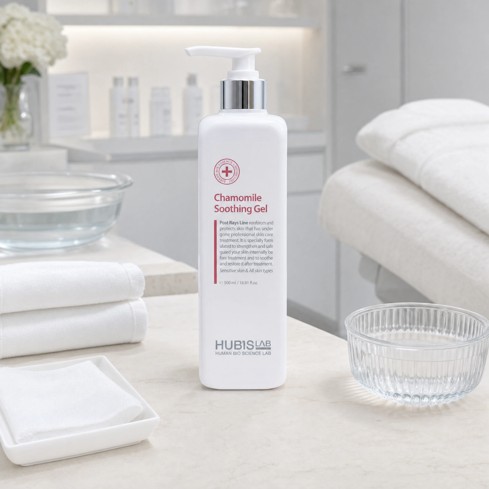 Hubislab Post Rays Chamomile Soothing Gel 500ml displayed in a premium clinical treatment-room setting for professional post-treatment soothing, redness calming and sensitive skin recovery protocols.