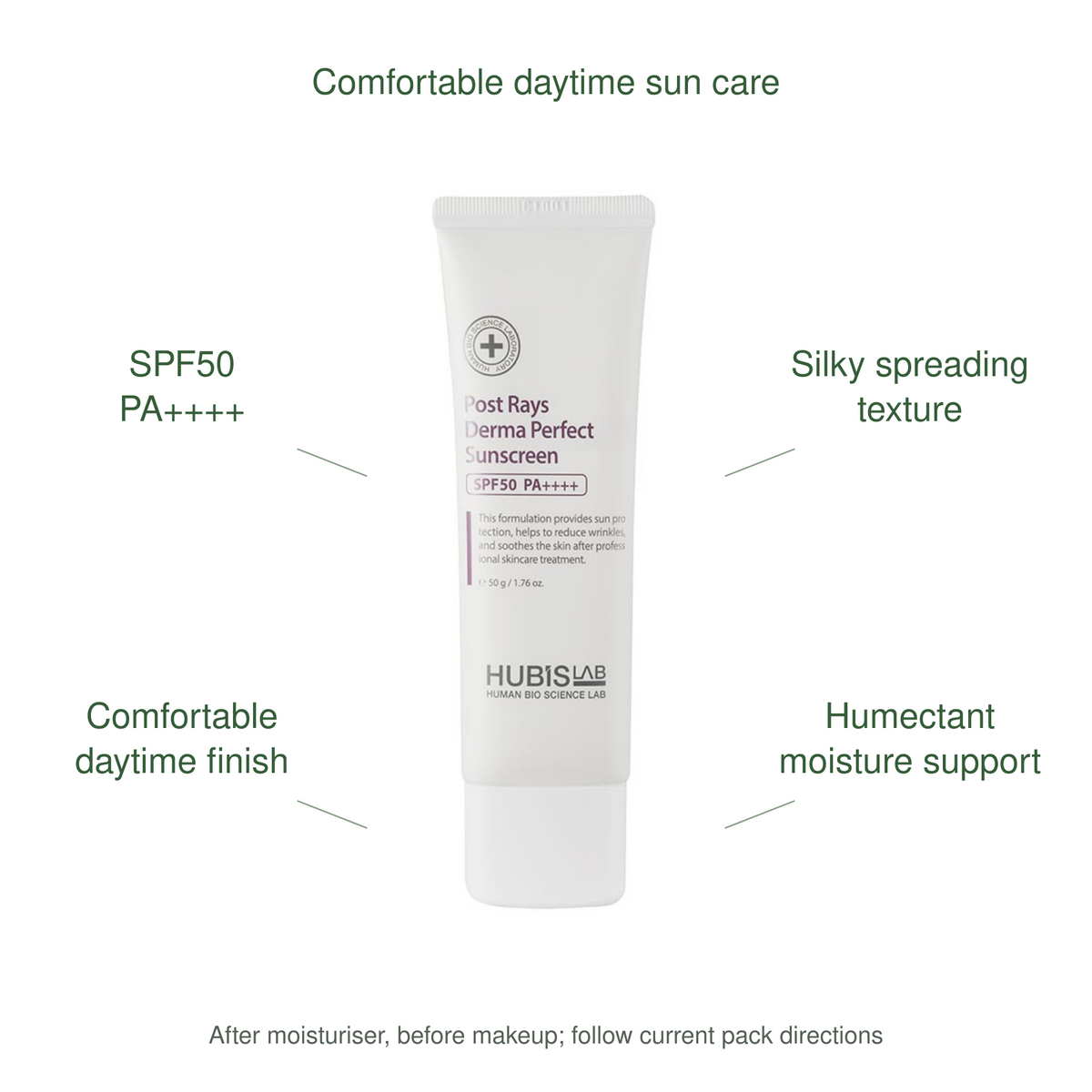 HUBISLAB post rays derma perfect sunscreen spf50 benefits: SPF50 PA++++, Silky spreading texture, Comfortable daytime finish, Humectant moisture support.