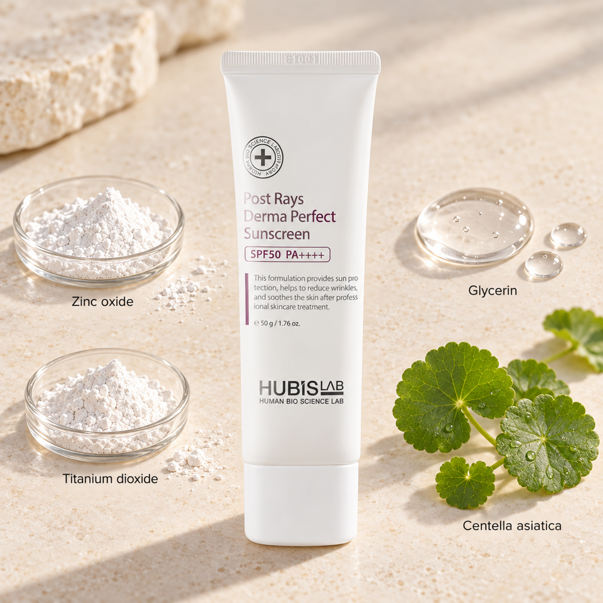 HUBISLAB post rays derma perfect sunscreen spf50 with an illustrative ingredient composition labelled Zinc oxide, Titanium dioxide, Glycerin, Centella asiatica.