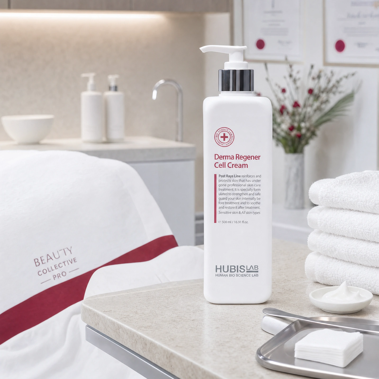Hubislab Post Rays Derma Regener Cell Cream 500g displayed in a premium clinical treatment-room setting for professional post-treatment recovery, barrier repair and sensitised skin comfort protocols.