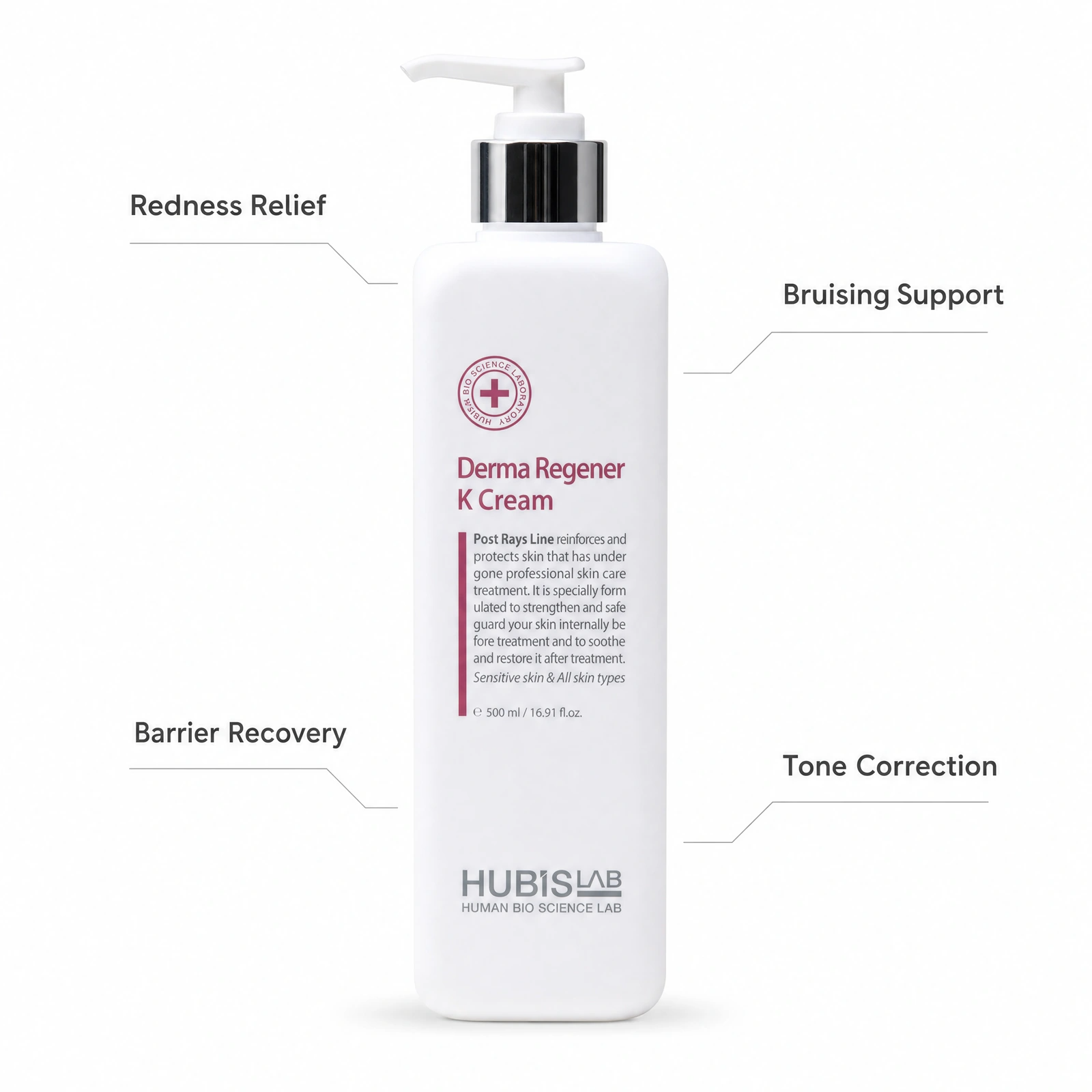 Hubislab Post Rays Derma Regener K Cream 500g professional pump bottle with benefit callouts for redness relief, bruising support, barrier recovery and tone correction.