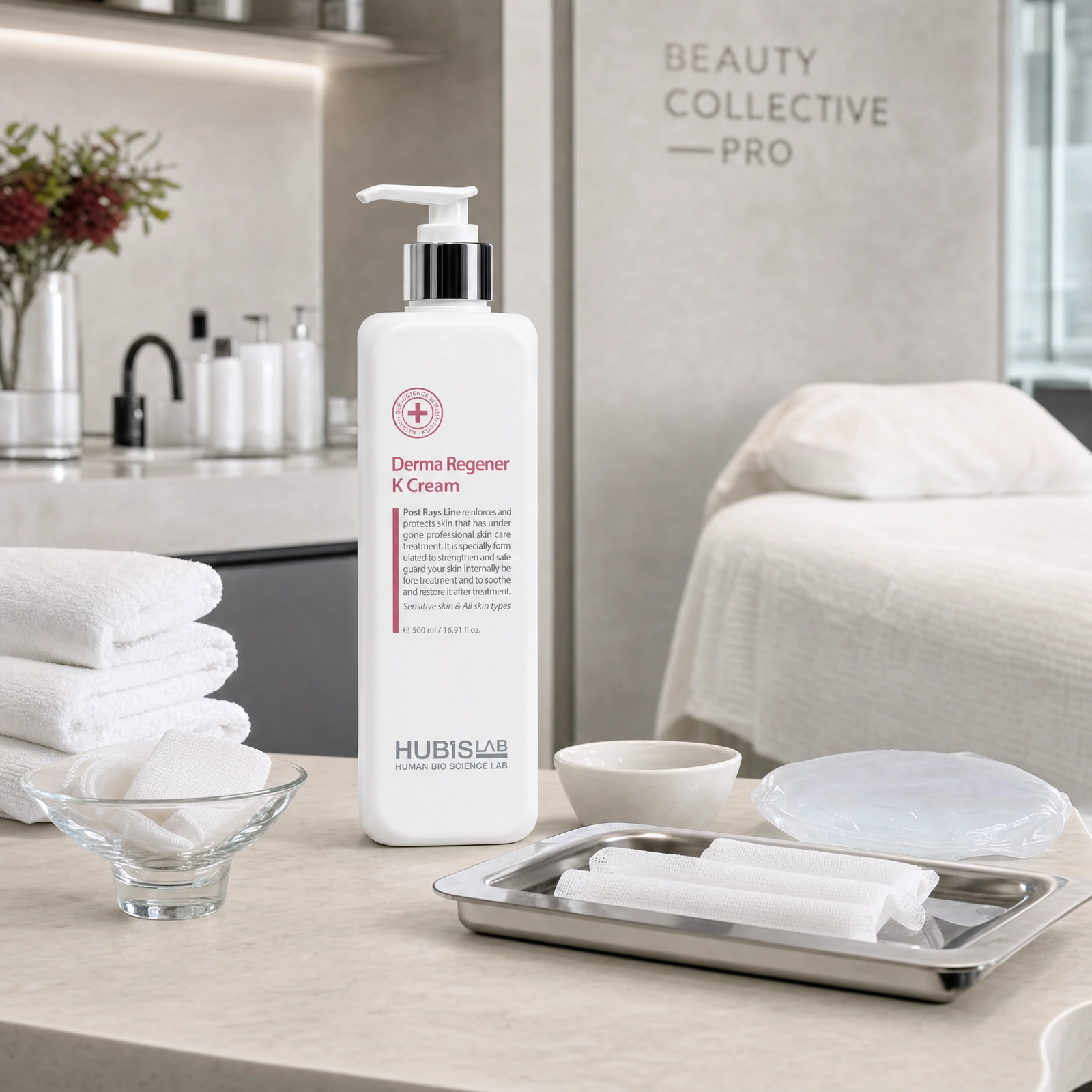 Hubislab Post Rays Derma Regener K Cream 500g displayed in a premium clinical treatment-room setting for professional post-procedure recovery, redness calming and barrier repair protocols.