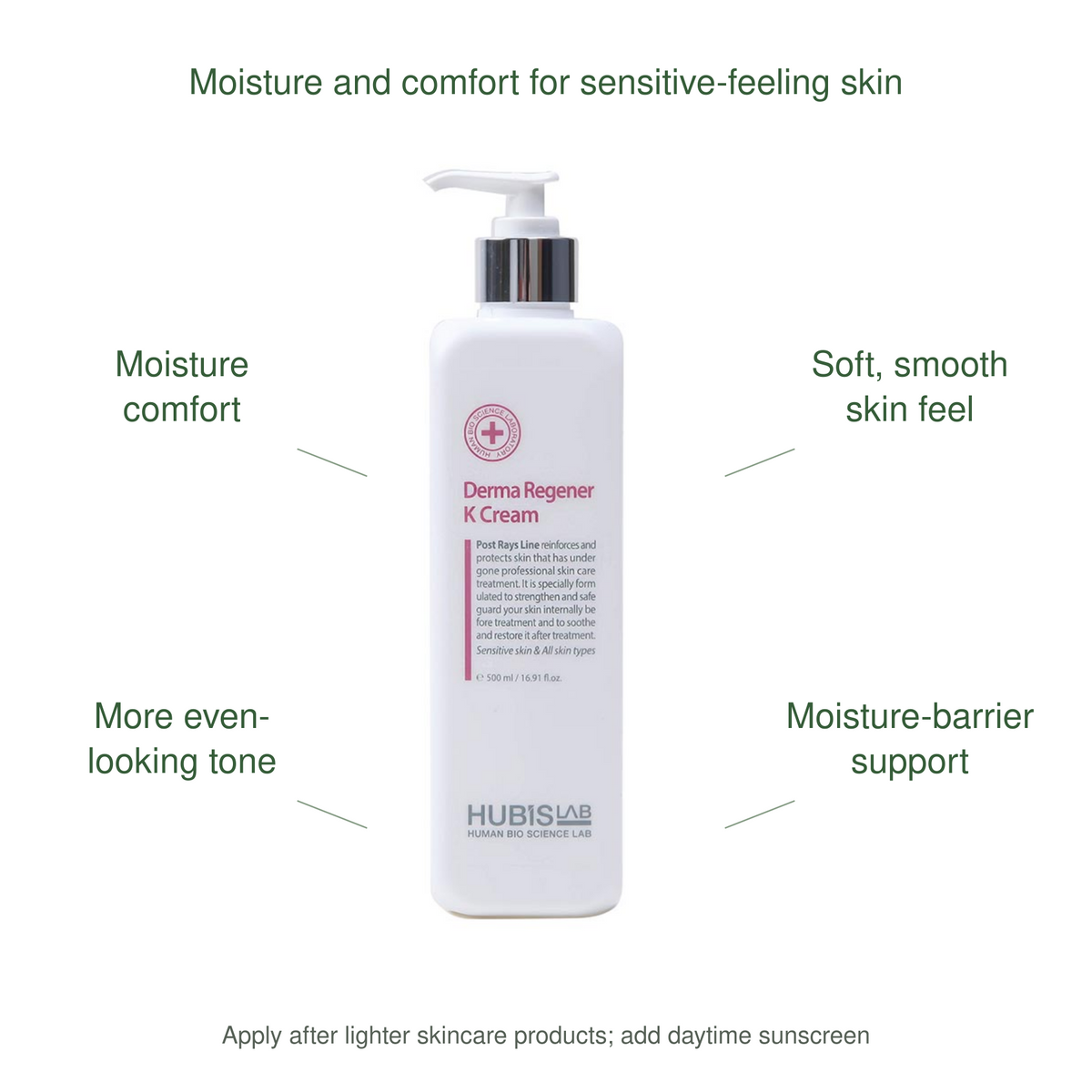 HUBISLAB post rays derma regener k cream benefits: Moisture comfort, Soft, smooth skin feel, More even-looking tone, Moisture-barrier support.