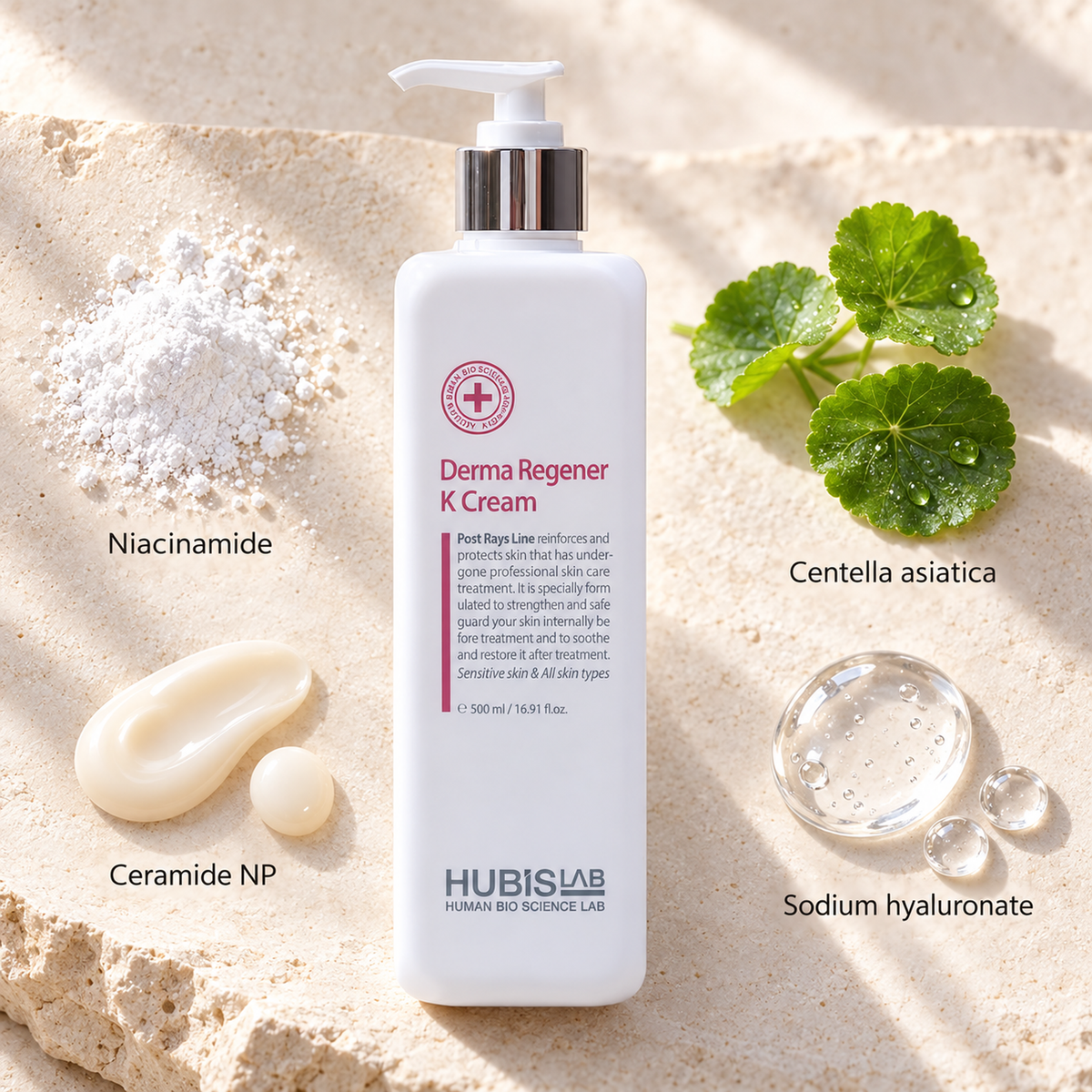 HUBISLAB post rays derma regener k cream with an illustrative ingredient composition labelled Niacinamide, Centella asiatica, Ceramide NP, Sodium hyaluronate.