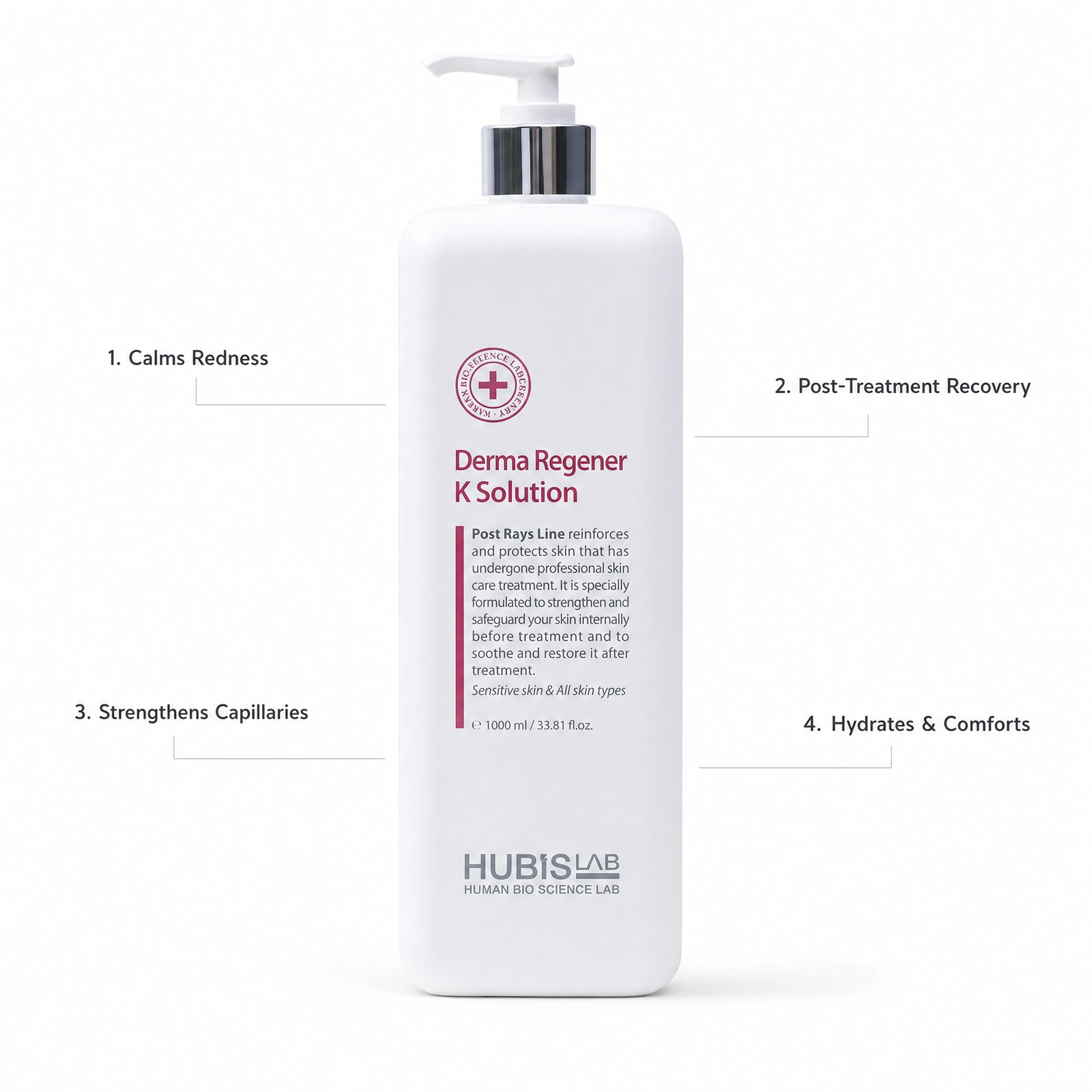 Hubislab Post Rays Derma Regener K Solution 1000ml professional pump bottle with benefit callouts for calming redness, post-treatment recovery, strengthening capillaries and hydrating comfort.