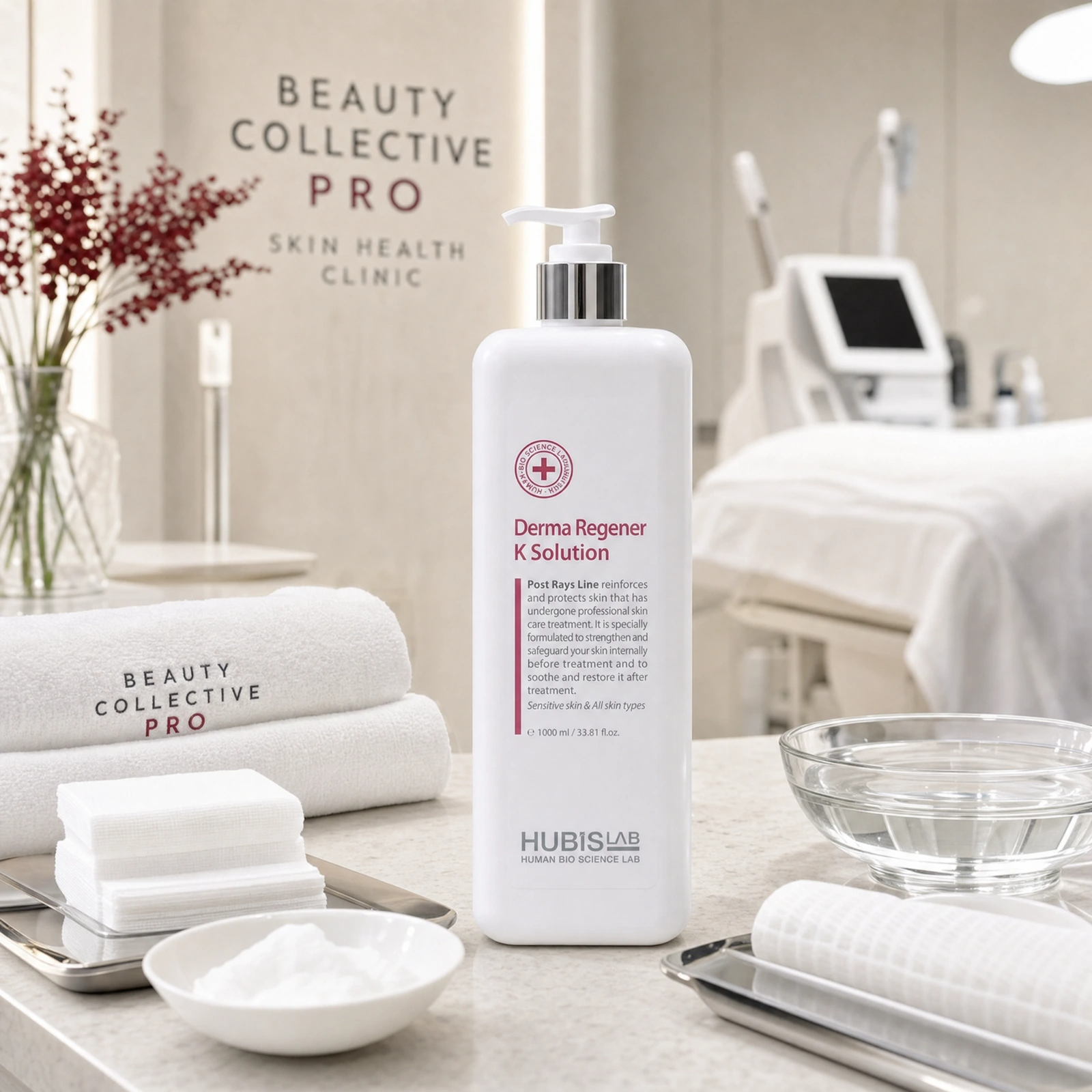 Hubislab Post Rays Derma Regener K Solution 1000ml displayed in a premium clinical treatment-room setting for professional post-treatment recovery, redness calming and sensitive skin comfort protocols.