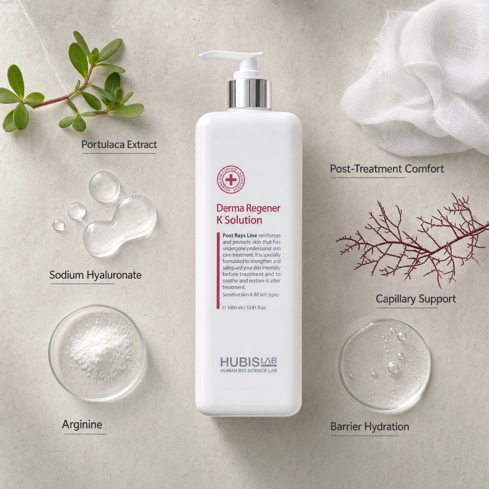 Hubislab Post Rays Derma Regener K Solution 1000ml ingredient flatlay with Portulaca Extract, Sodium Hyaluronate, Arginine, Post-Treatment Comfort, Capillary Support and Barrier Hydration.