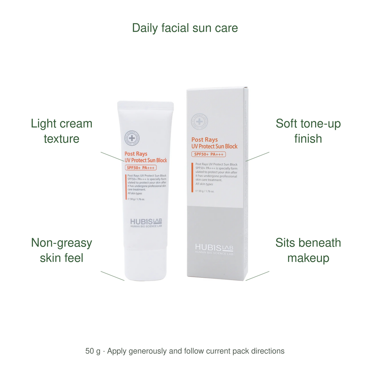 HUBISLAB post rays uv protect sun block 50g spf50 benefits: Light cream texture, Soft tone-up finish, Non-greasy skin feel, Sits beneath makeup.