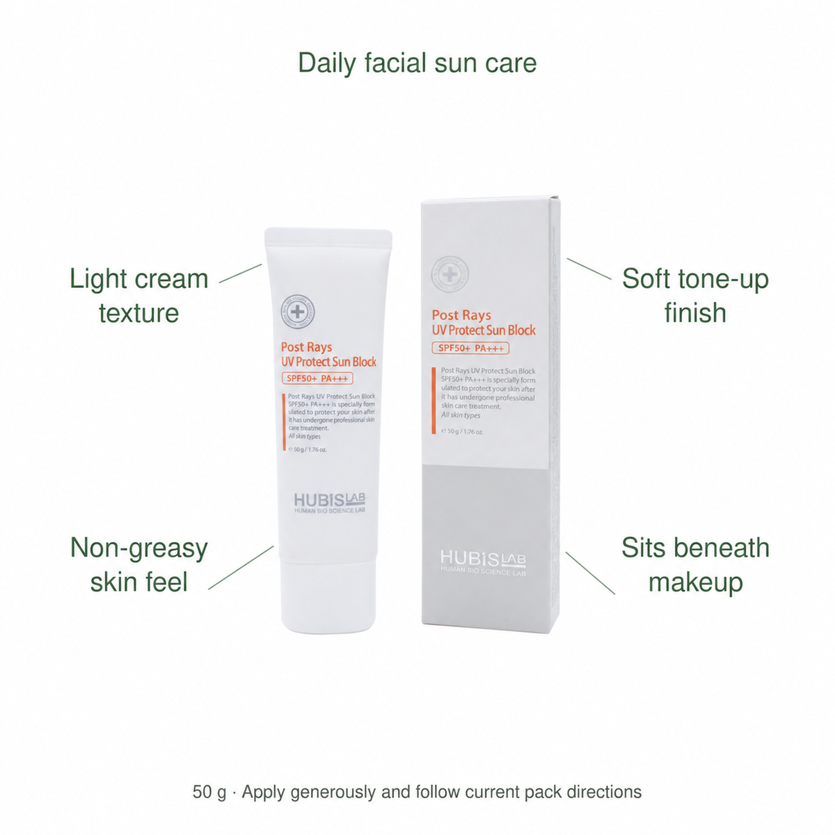HUBISLAB post rays uv protect sun block 50g spf50 benefits: Light cream texture, Soft tone-up finish, Non-greasy skin feel, Sits beneath makeup.