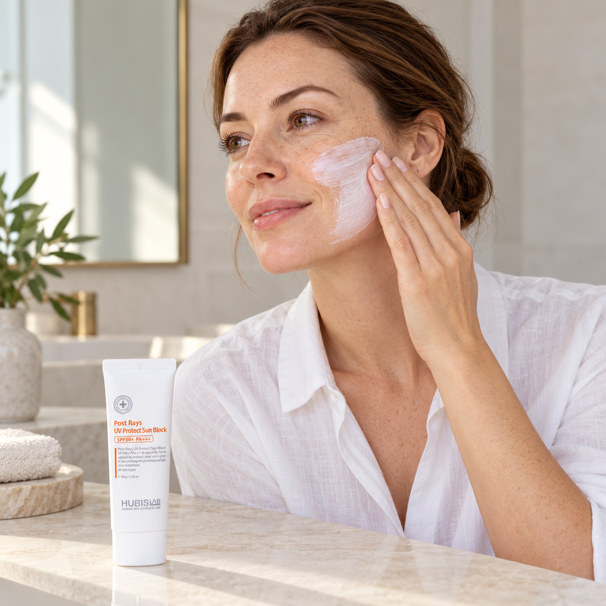 Client spreading HUBISLAB Post Rays UV Protect Sun Block across her cheek during her morning homecare routine.