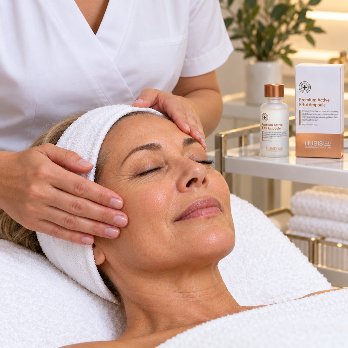 Therapist illustrating gentle topical ampoule application to a mature client’s cheek beside HUBISLAB B-Tol Ampoule 30 ml.