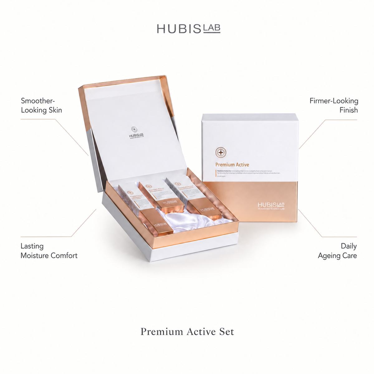 HUBISLAB Premium Active Set: smoother-looking skin, firmer-looking finish, lasting moisture comfort and daily ageing care.