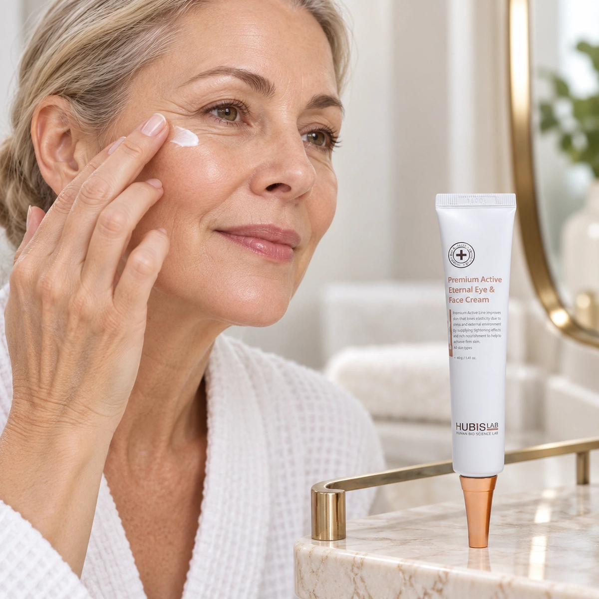 Client applying HUBISLAB eternal cream with the 40 g presentation shown.