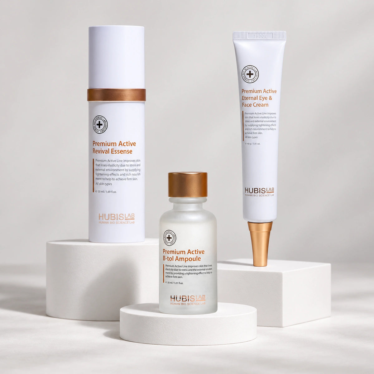 HUBISLAB Premium Active retail homecare selection: Revival Essence 50 ml, B-Tol Ampoule 30 ml and Eternal Eye & Face Cream 40 g.
