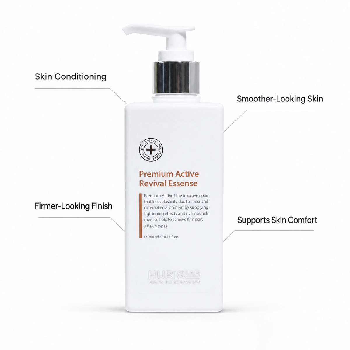 HUBISLAB Revival Essence 300ml with skin conditioning, smoother-looking skin, firmer-looking finish and skin comfort callouts.