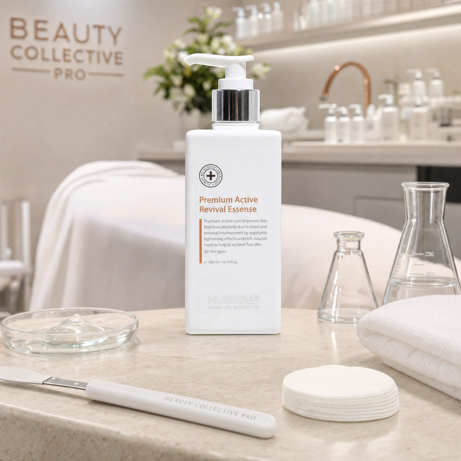Hubislab Premium Active Revival Essence 300ml displayed in a premium clinical treatment-room setting for professional anti-ageing essence protocols, collagen and peptide treatments and regeneration-focused facial services.