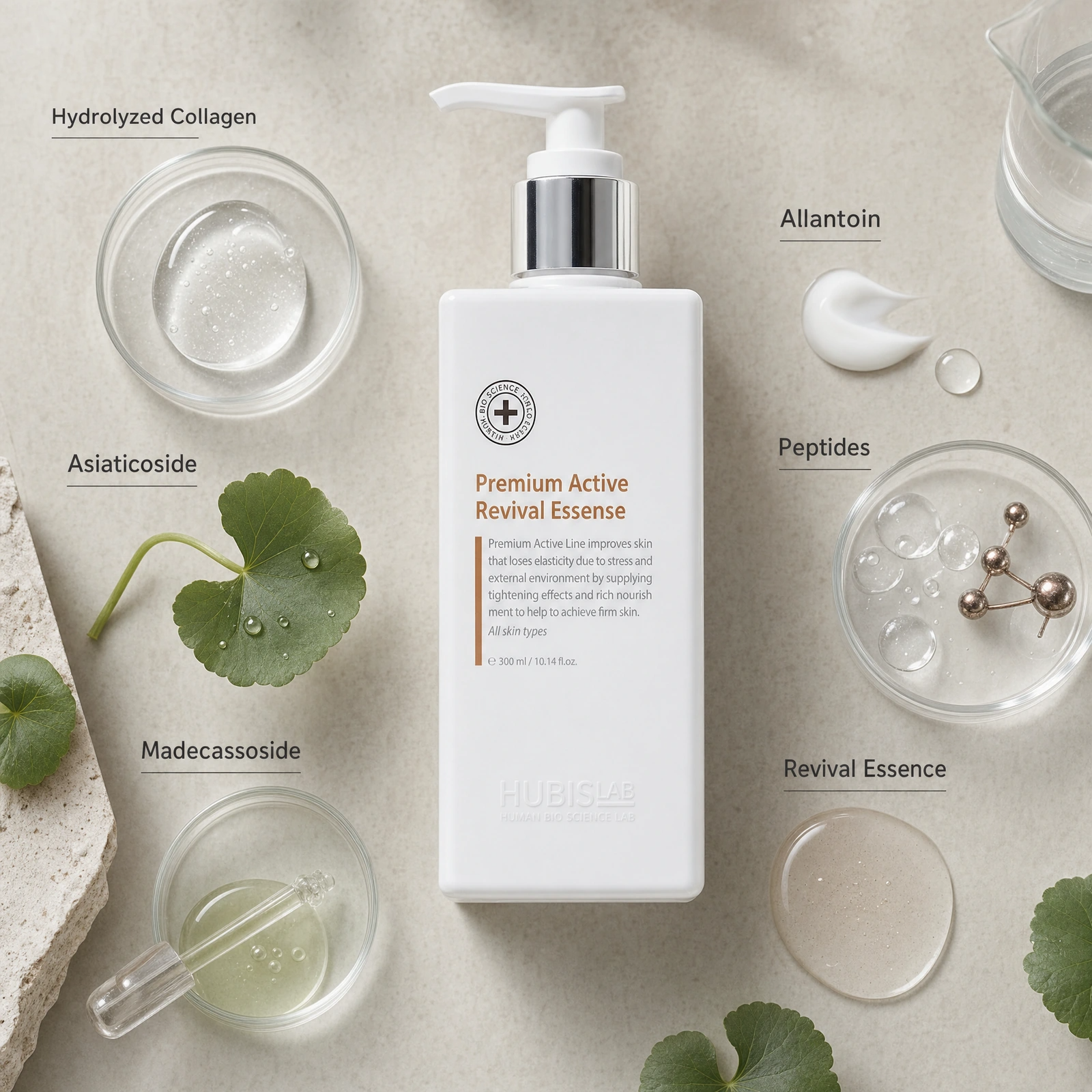 Hubislab Premium Active Revival Essence 300ml ingredient flatlay with Hydrolyzed Collagen, Asiaticoside, Madecassoside, Allantoin, Peptides and Revival Essence.