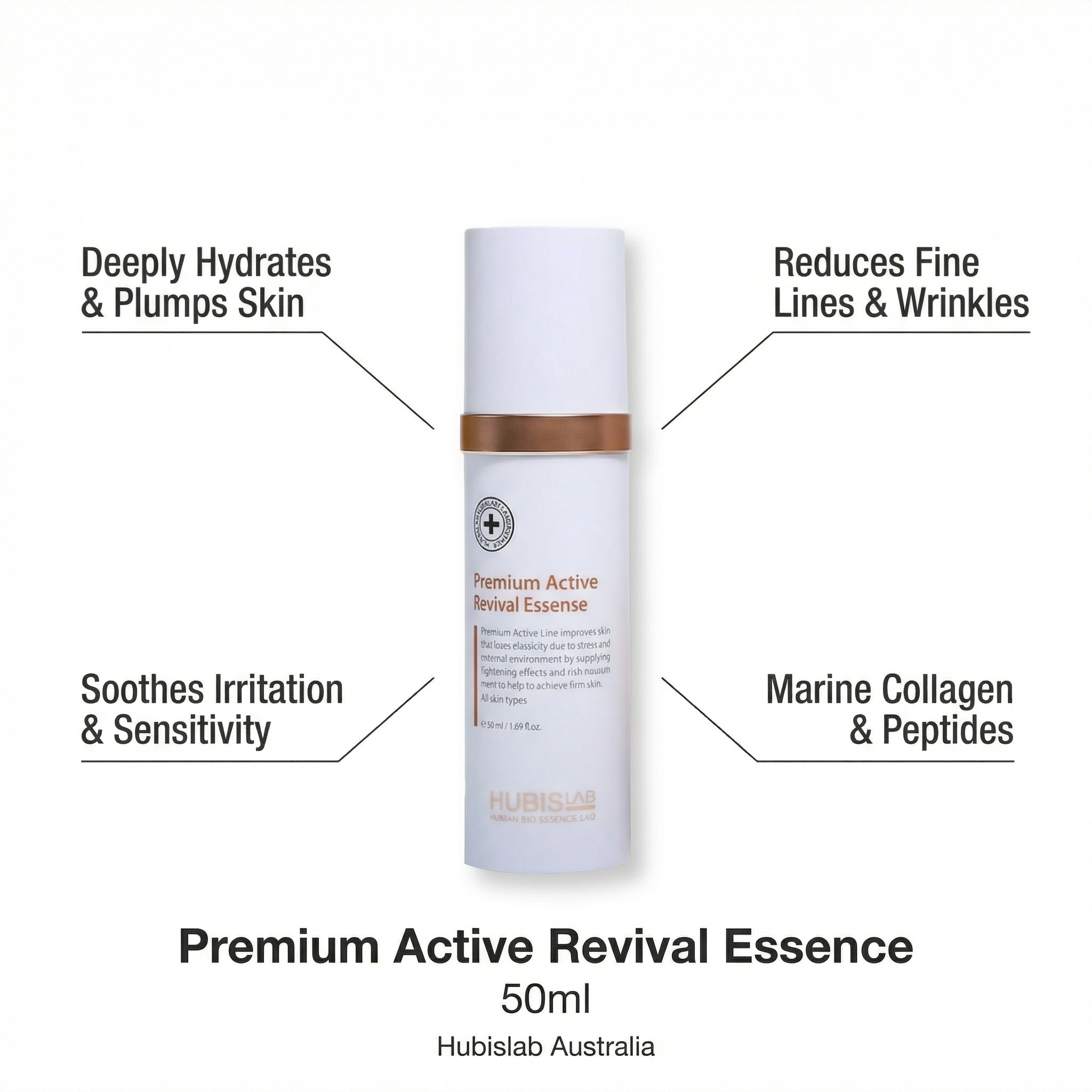 Hubislab Australia Premium Active Revival Essence 50ml bottle with text highlighting benefits on a white background