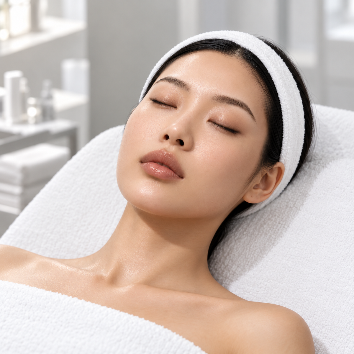 Client resting on a facial bed with natural skin texture for the HUBISLAB Prescriptive Korean Facial.