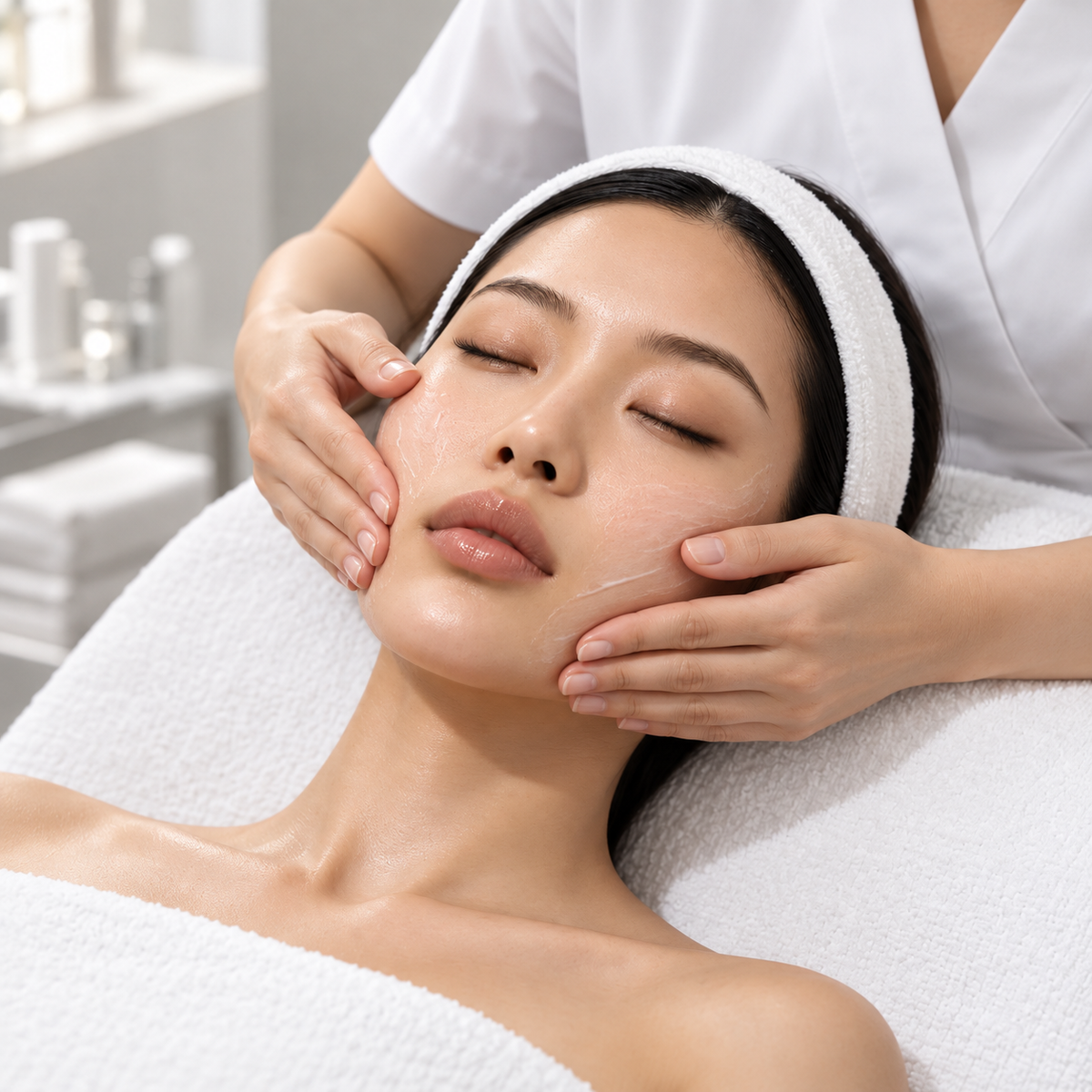 Therapist performing collagen facial massage during the HUBISLAB Prescriptive Korean Facial.