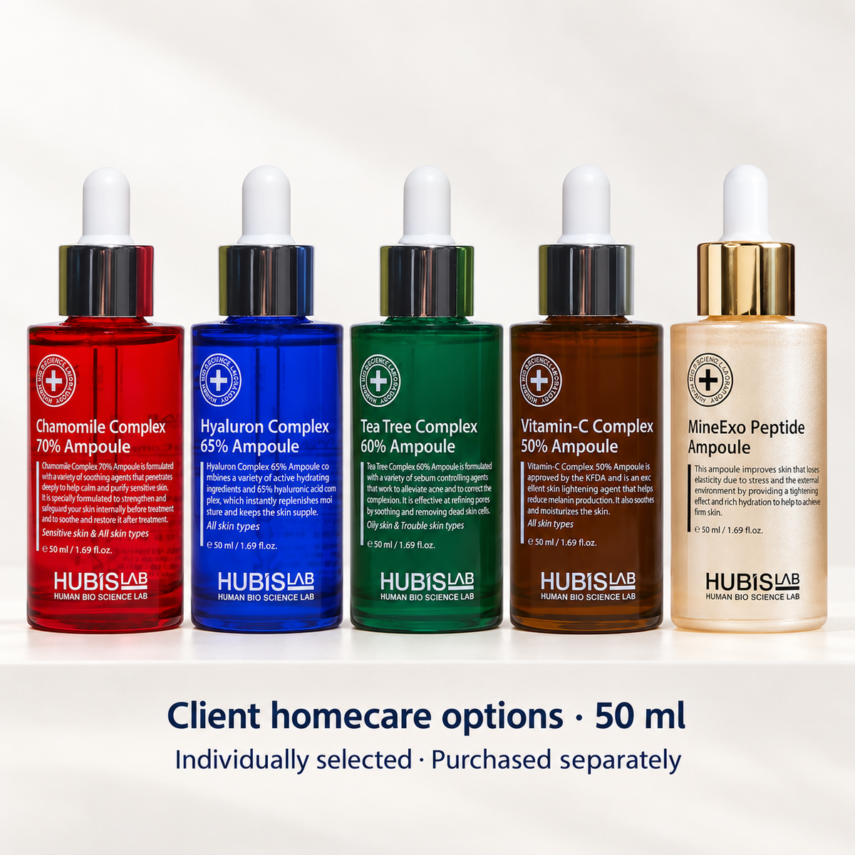 Five HUBISLAB 50 ml retail ampoule options, individually recommended for client homecare and purchased separately.