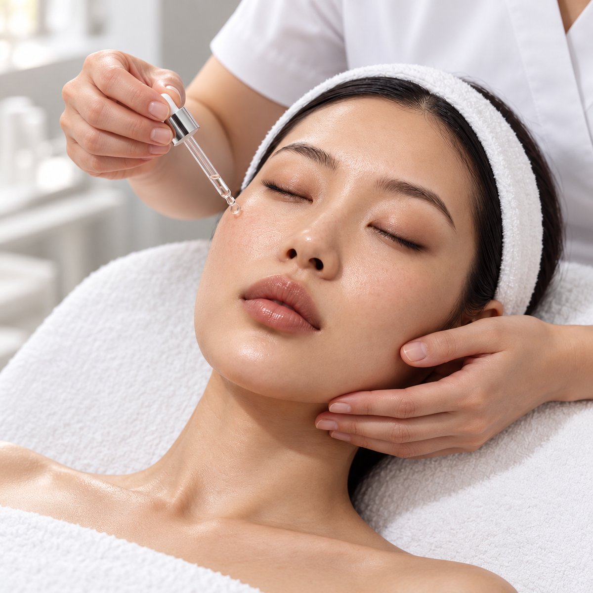 Therapist applying a selected ampoule above the client's cheek during the HUBISLAB Prescriptive Korean Facial.