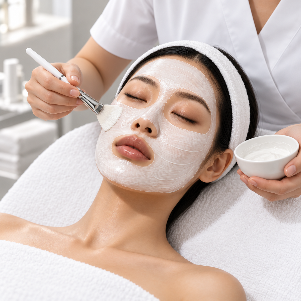 Therapist applying one selected cream mask during the HUBISLAB Prescriptive Korean Facial; mask choice follows skin assessment.