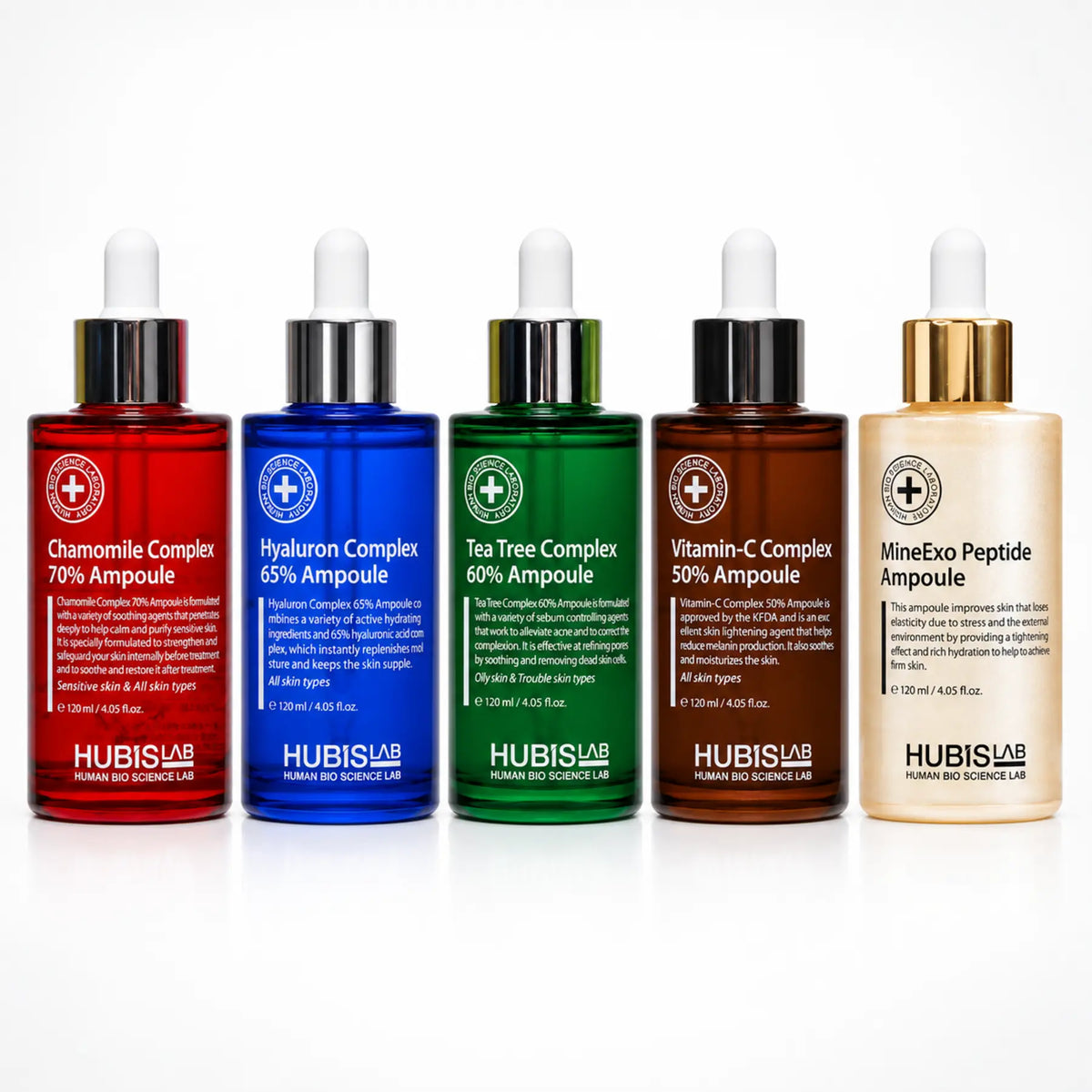 Five HUBISLAB professional 120 ml ampoules: Chamomile, Hyaluron, Tea Tree, Vitamin-C and MineExo Peptide.