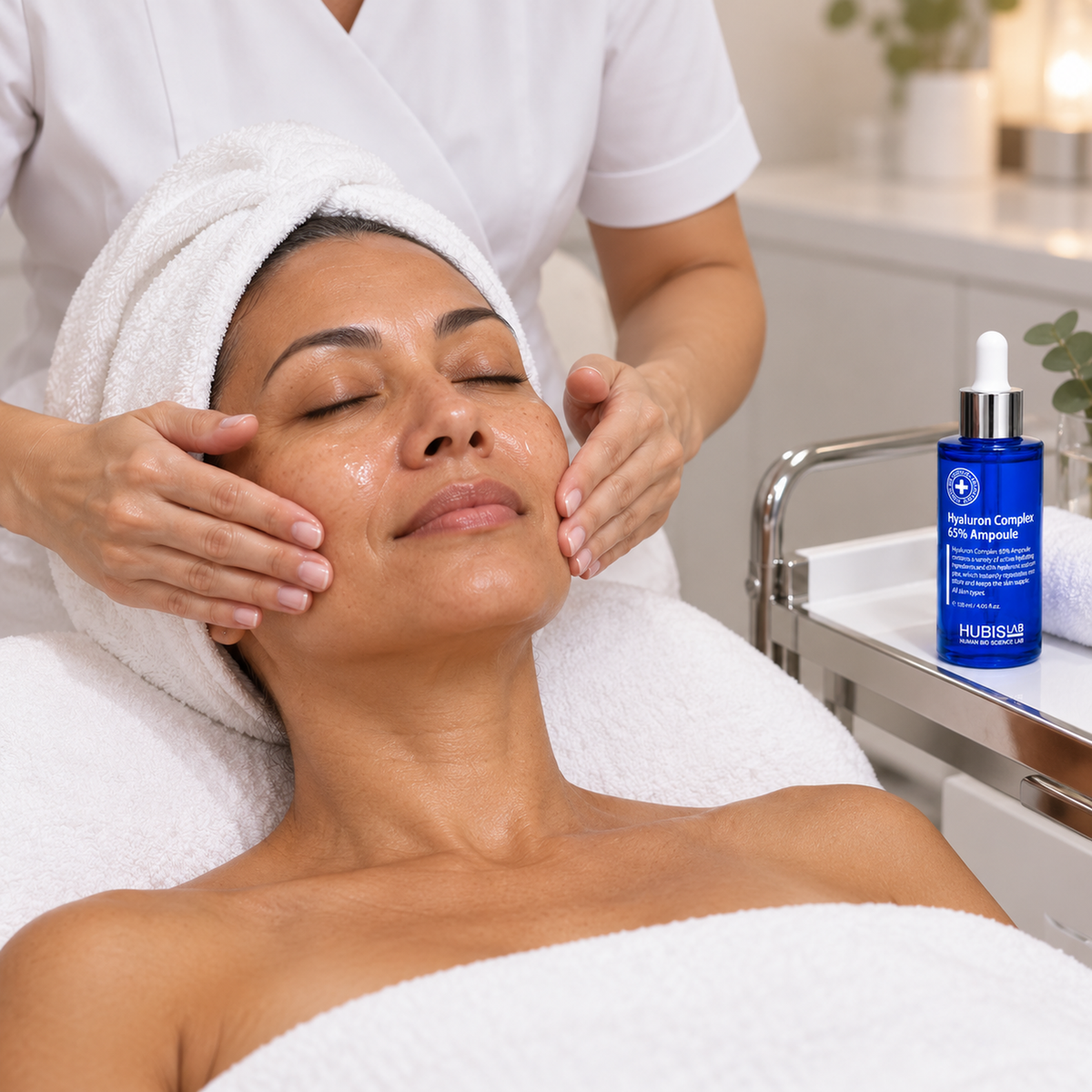 Therapist applying serum during a facial, with HUBISLAB Hyaluron Complex 65% Ampoule 120 ml on the trolley.