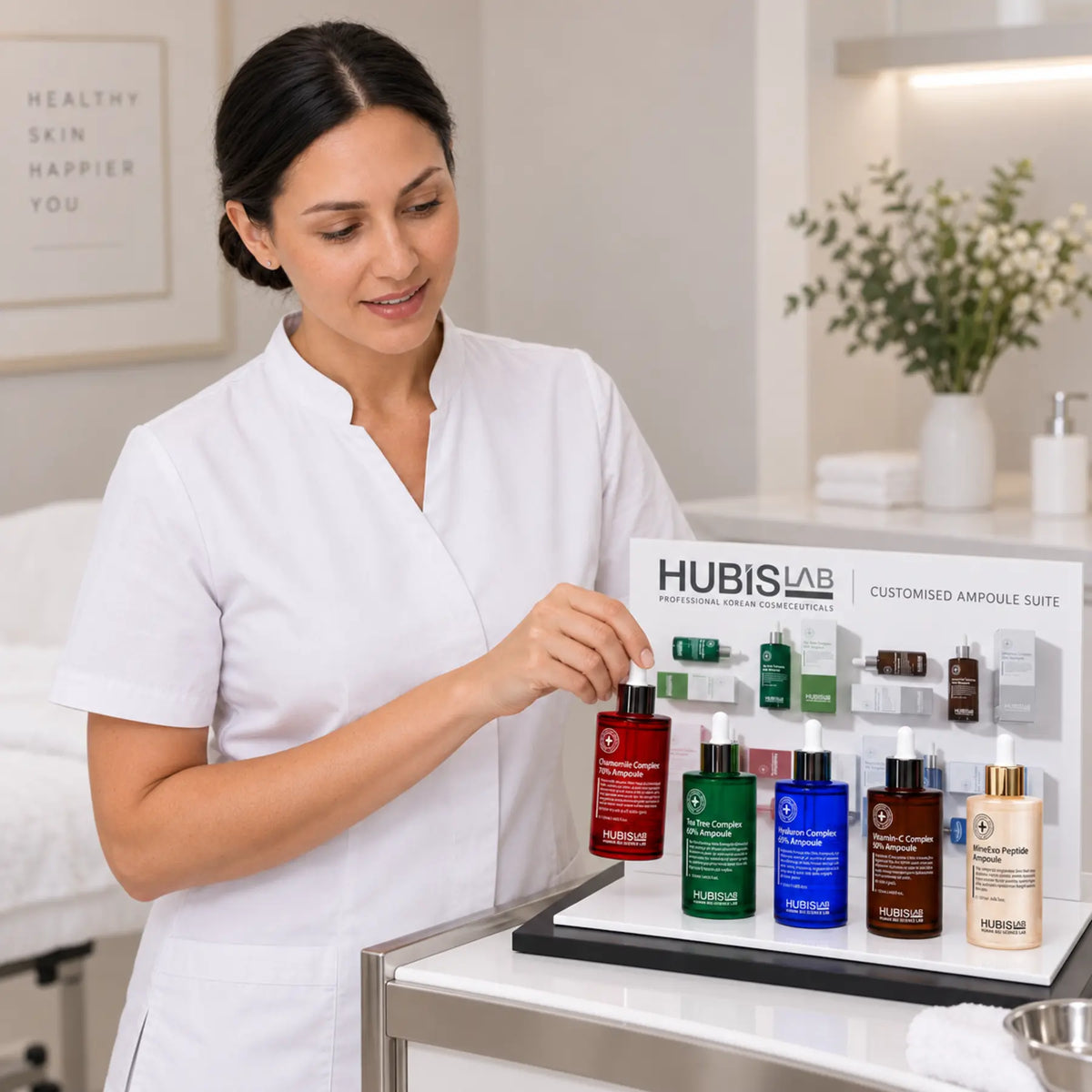 Beauty Collective Pro therapist Tania selecting a professional HUBISLAB ampoule from the countertop display stand.