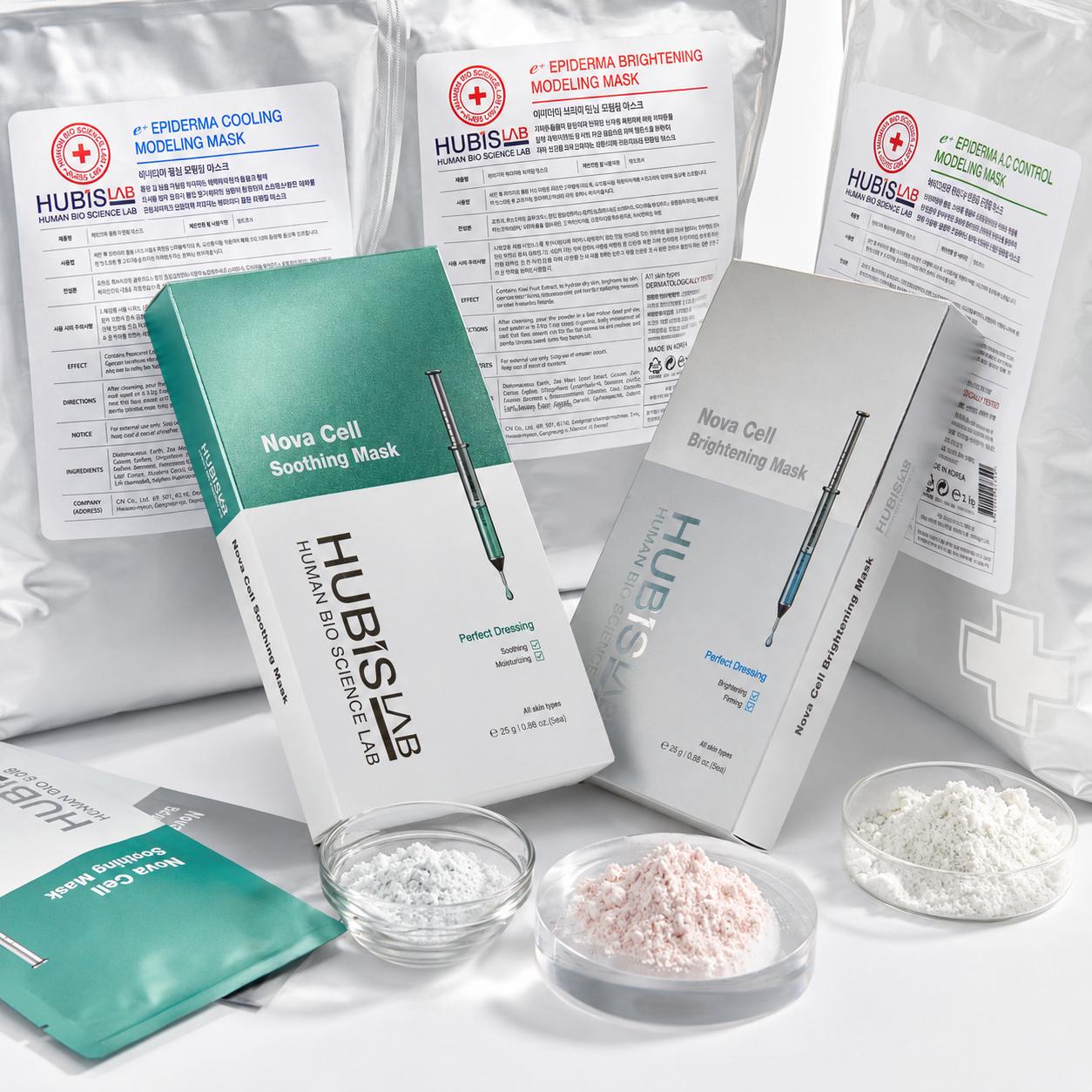 Hubislab professional mask range featuring e+ Epiderma Modeling Masks and Nova Cell Brightening and Soothing masks for clinic treatment protocols