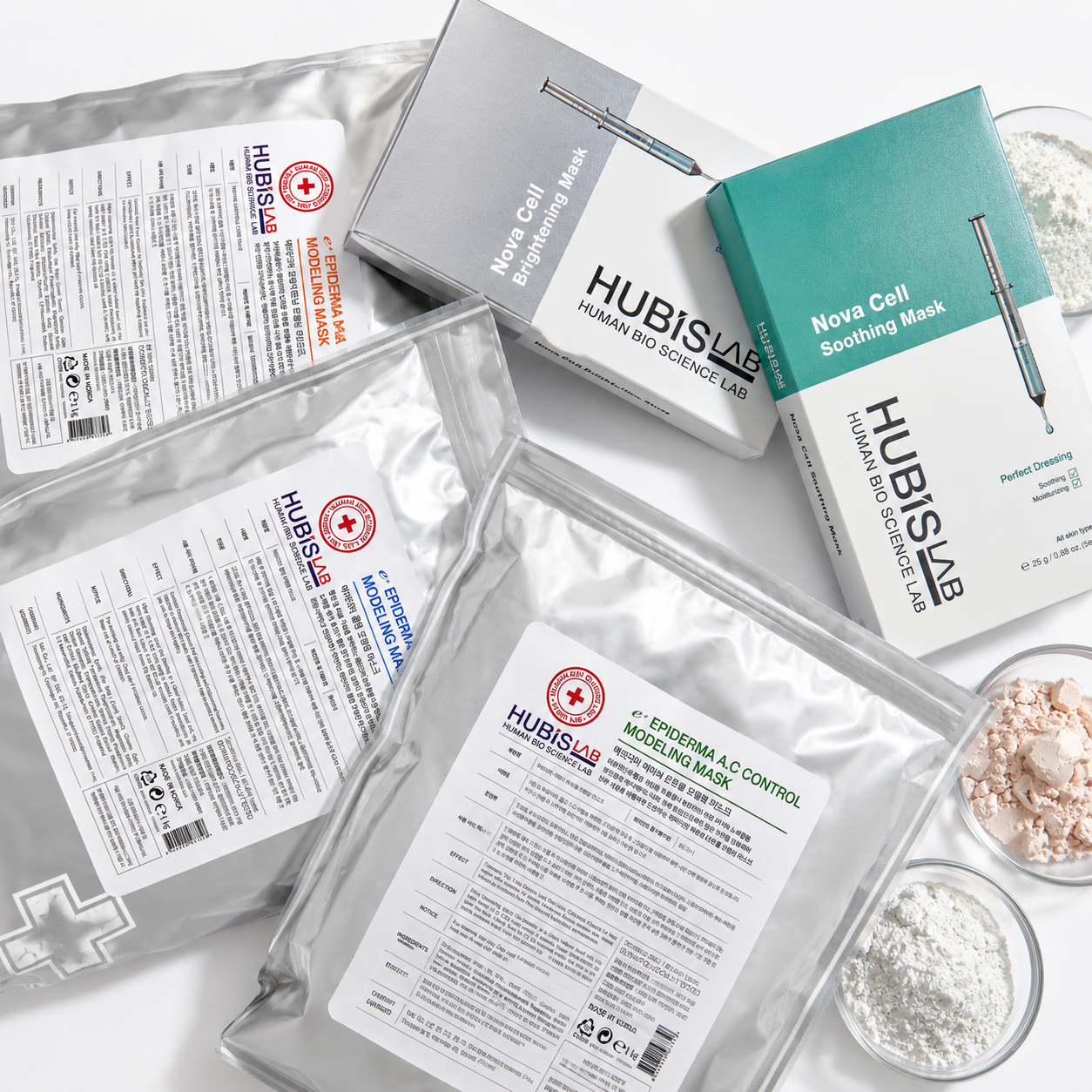 Hubislab professional treatment mask range featuring e+ Epiderma Modeling Masks and Nova Cell masks for clinic skincare protocols