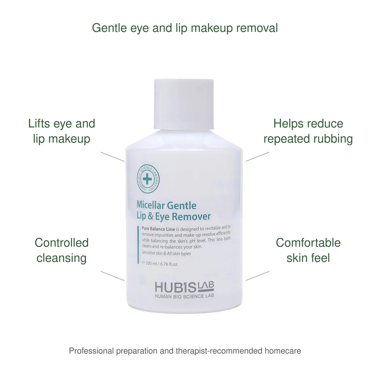 HUBISLAB pure balance micellar gentle lip and eye remover benefits: Lifts eye and lip makeup, Helps reduce repeated rubbing, Controlled cleansing, Comfortable skin feel.