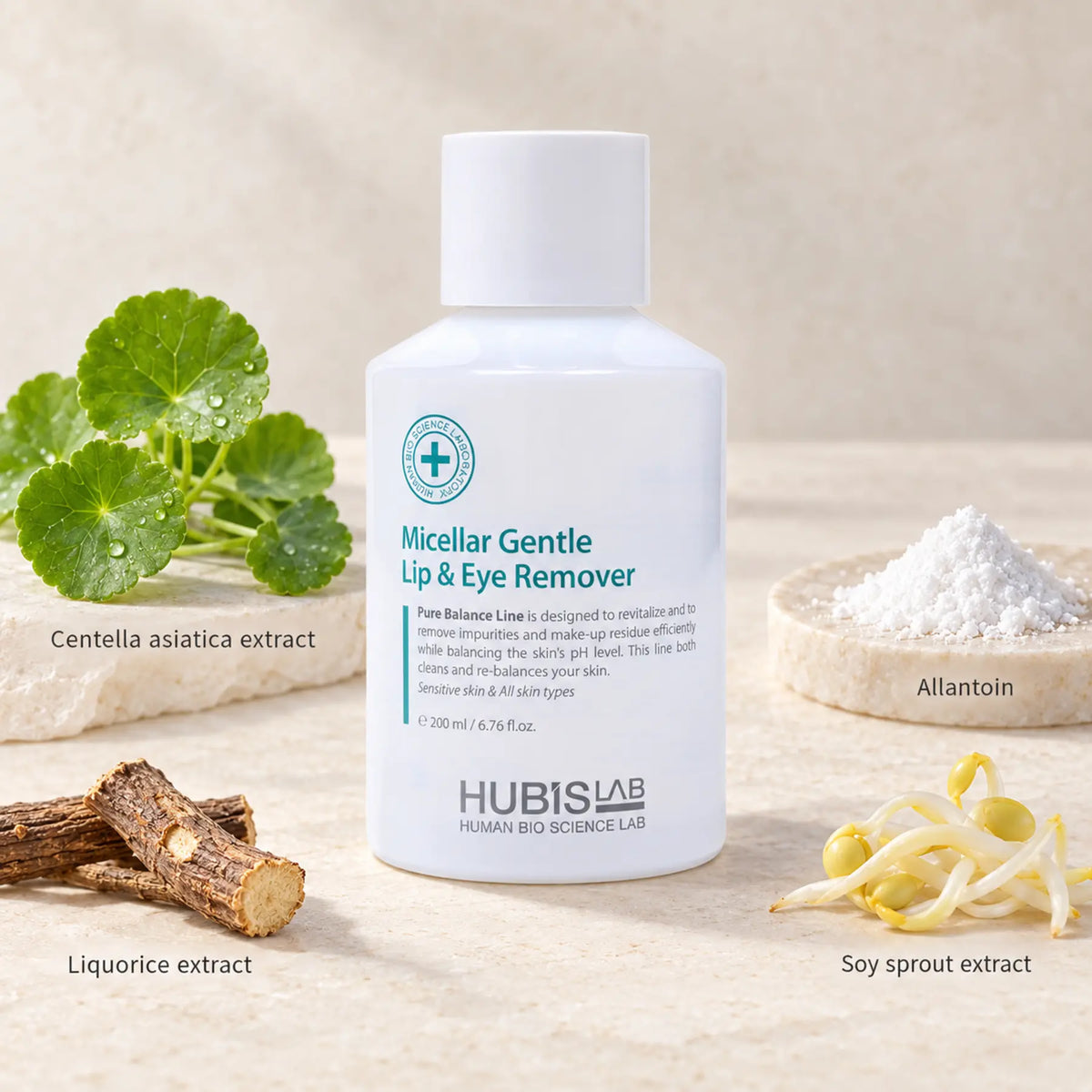 HUBISLAB pure balance micellar gentle lip and eye remover with an illustrative ingredient composition labelled Centella asiatica extract, Allantoin, Liquorice extract, Soy sprout extract.