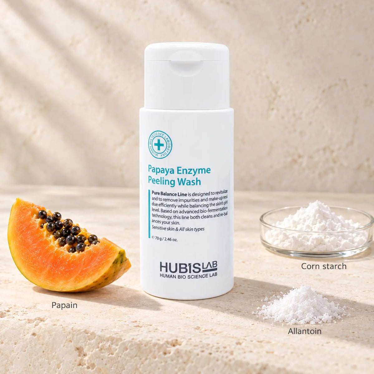 HUBISLAB pure balance papaya enzyme peeling wash with an illustrative ingredient composition labelled Papain, Corn starch, Allantoin.
