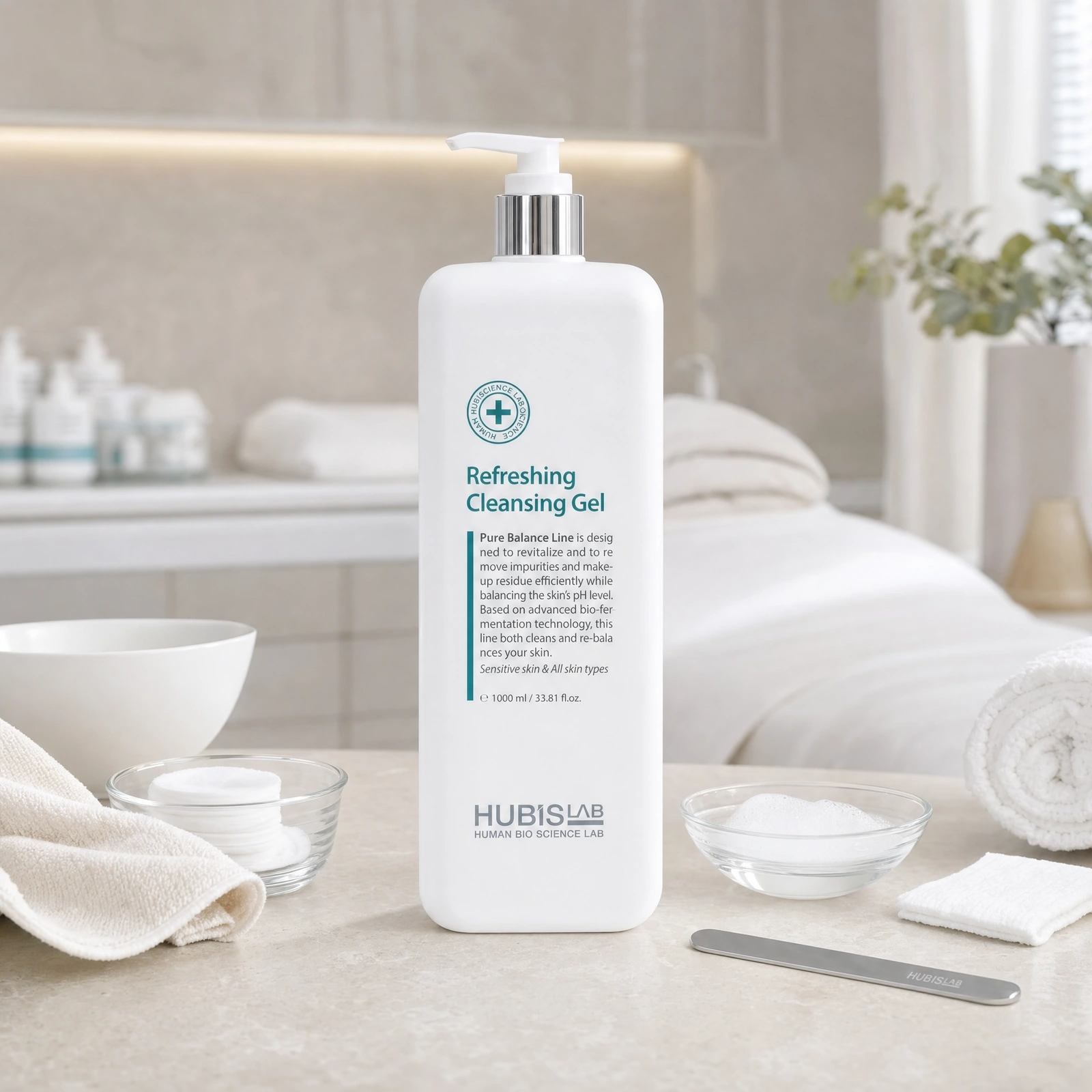 Hubislab Pure Balance Refreshing Cleansing Gel 1000ml displayed in a premium clinical treatment-room setting for professional sensitive skin cleansing, impurity removal and pH-balanced first cleanse protocols.
