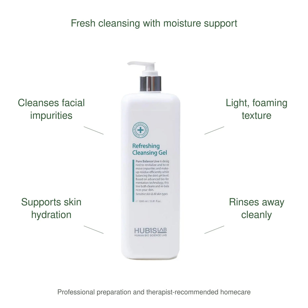 HUBISLAB pure balance refreshing cleansing gel benefits: Cleanses facial impurities, Light, foaming texture, Supports skin hydration, Rinses away cleanly.