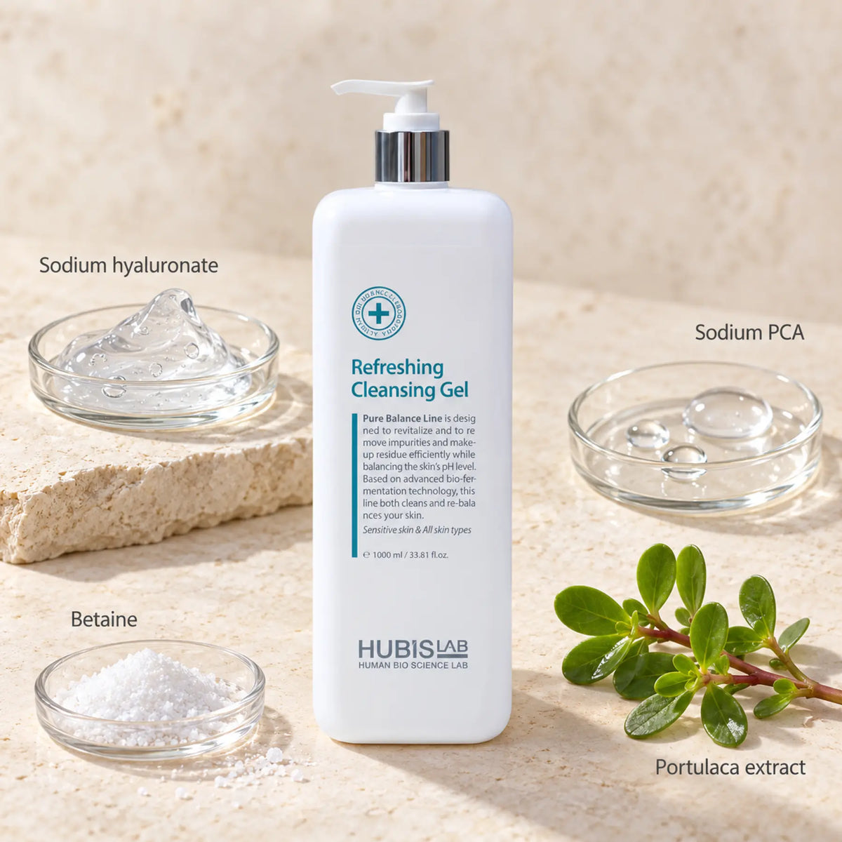 HUBISLAB pure balance refreshing cleansing gel with an illustrative ingredient composition labelled Sodium hyaluronate, Sodium PCA, Betaine, Portulaca extract.