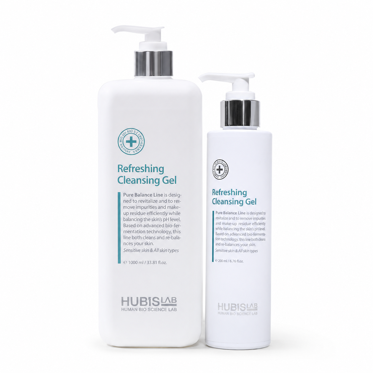 Hubislab Pure Balance Refreshing Cleansing Gel retail and professional variant image showing the 200ml retail pump bottle and 1000ml professional pump bottle together on a clean white background.