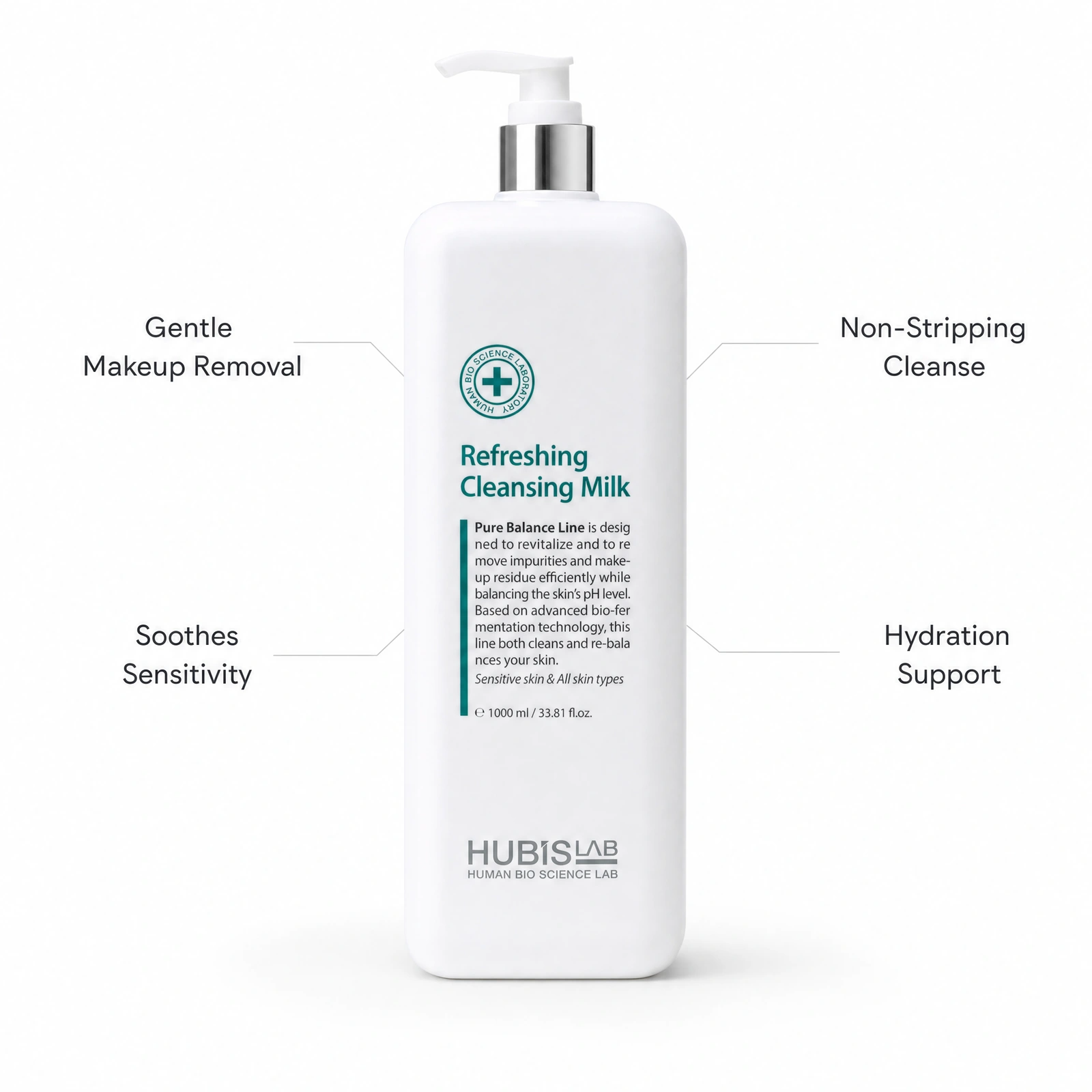 Hubislab Pure Balance Refreshing Cleansing Milk 1000ml professional pump bottle with benefit callouts for gentle makeup removal, non-stripping cleanse, soothing sensitivity and hydration support.