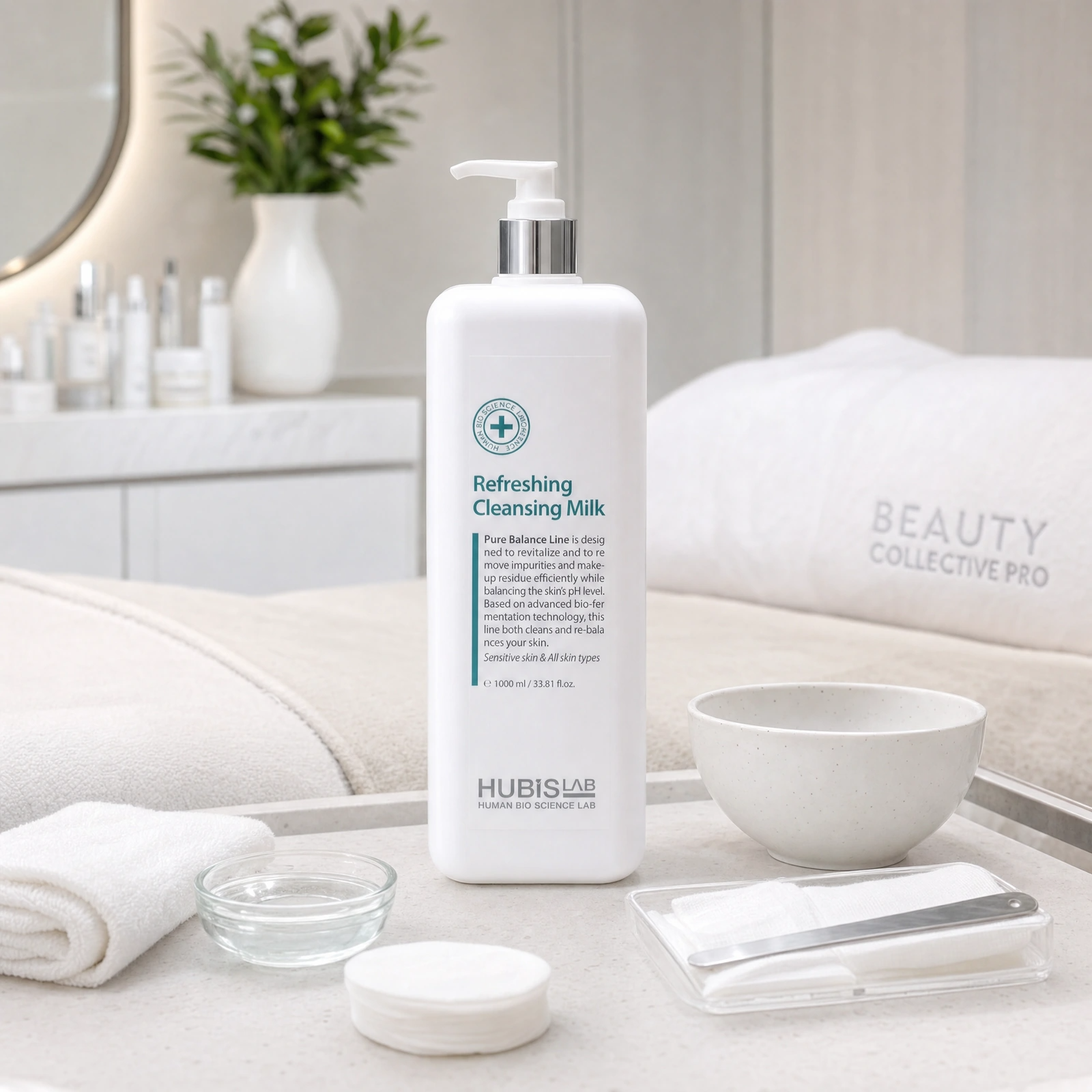 Hubislab Pure Balance Refreshing Cleansing Milk 1000ml displayed in a premium clinical treatment-room setting for professional sensitive skin cleansing, makeup removal and non-stripping first cleanse protocols.