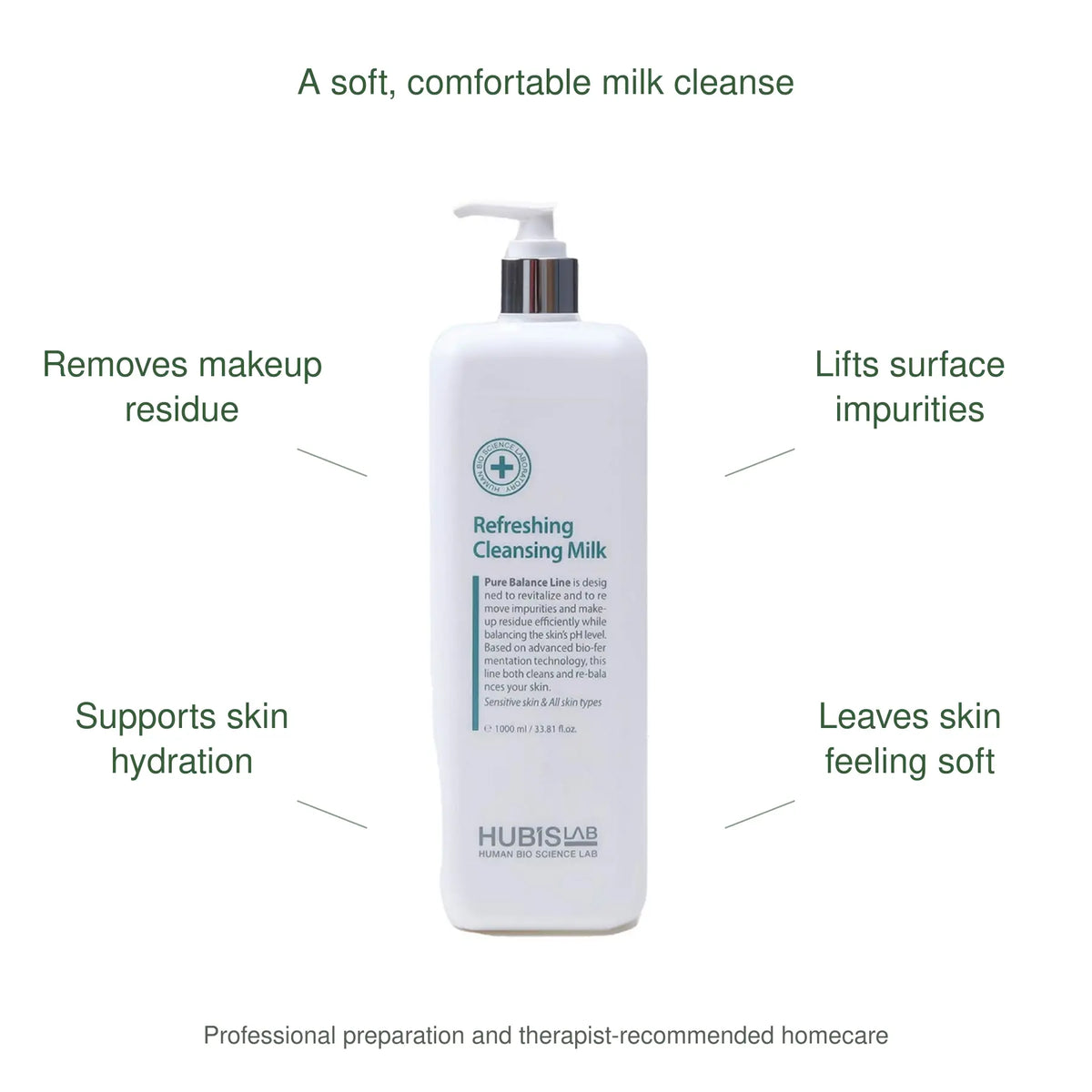 HUBISLAB pure balance refreshing cleansing milk benefits: Removes makeup residue, Lifts surface impurities, Supports skin hydration, Leaves skin feeling soft.
