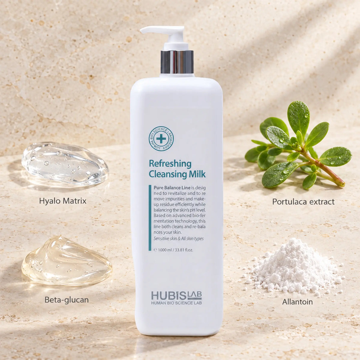 HUBISLAB pure balance refreshing cleansing milk with an illustrative ingredient composition labelled Hyalo Matrix, Portulaca extract, Beta-glucan, Allantoin.