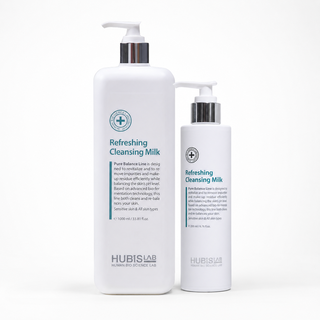 Hubislab Pure Balance Refreshing Cleansing Milk retail and professional variant image showing the 200ml retail pump bottle and 1000ml professional pump bottle together on a clean white background.