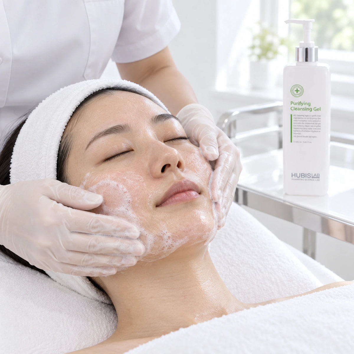 Therapist massaging a light cleansing lather with Purifying Cleansing Gel