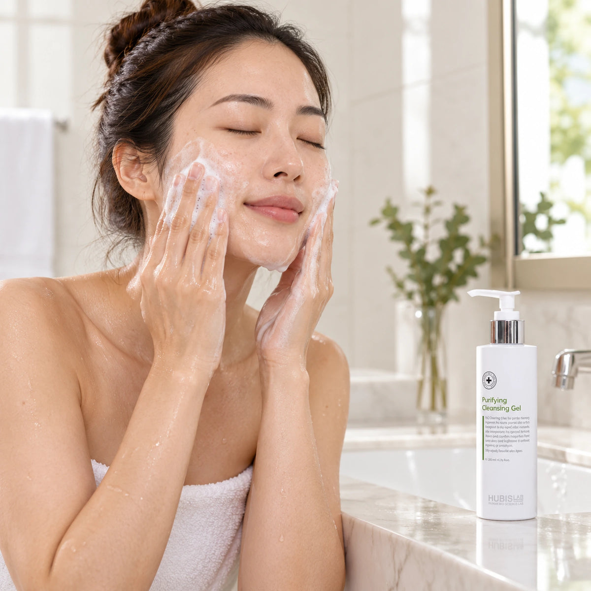 Woman cleansing her face with Purifying Cleansing Gel 200 ml