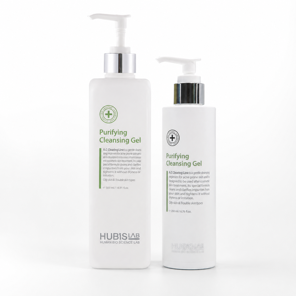 Hubislab Purifying Cleansing Gel retail and professional variant image showing the 200ml retail pump bottle and 500ml professional pump bottle together on a clean white background.