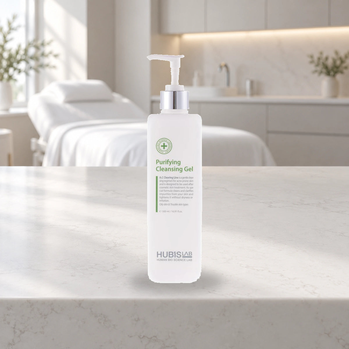 HUBISLAB purifying cleansing gel professional bottle on a counter in an unbranded treatment room.